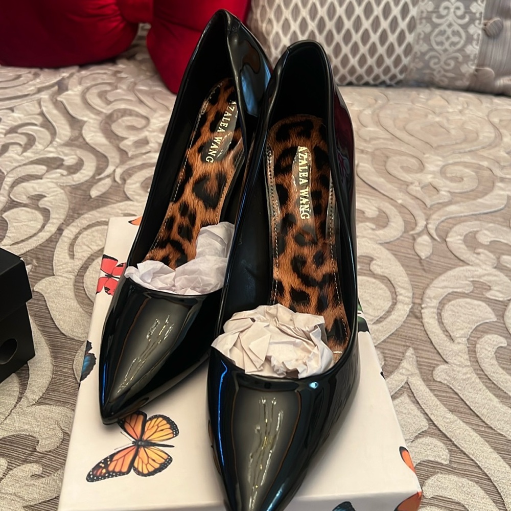Azalea Wang high heel shoes in black patent leather. New in box never worn.